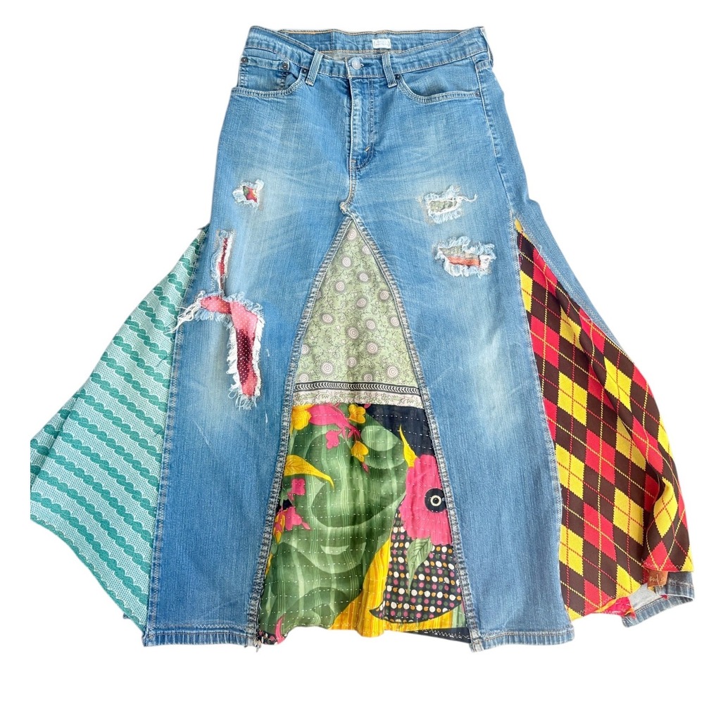 HANDMADE Upcycled Levis 502 Patchwork Denim Maxi Skirt Light Wash 32 Boho Hippie